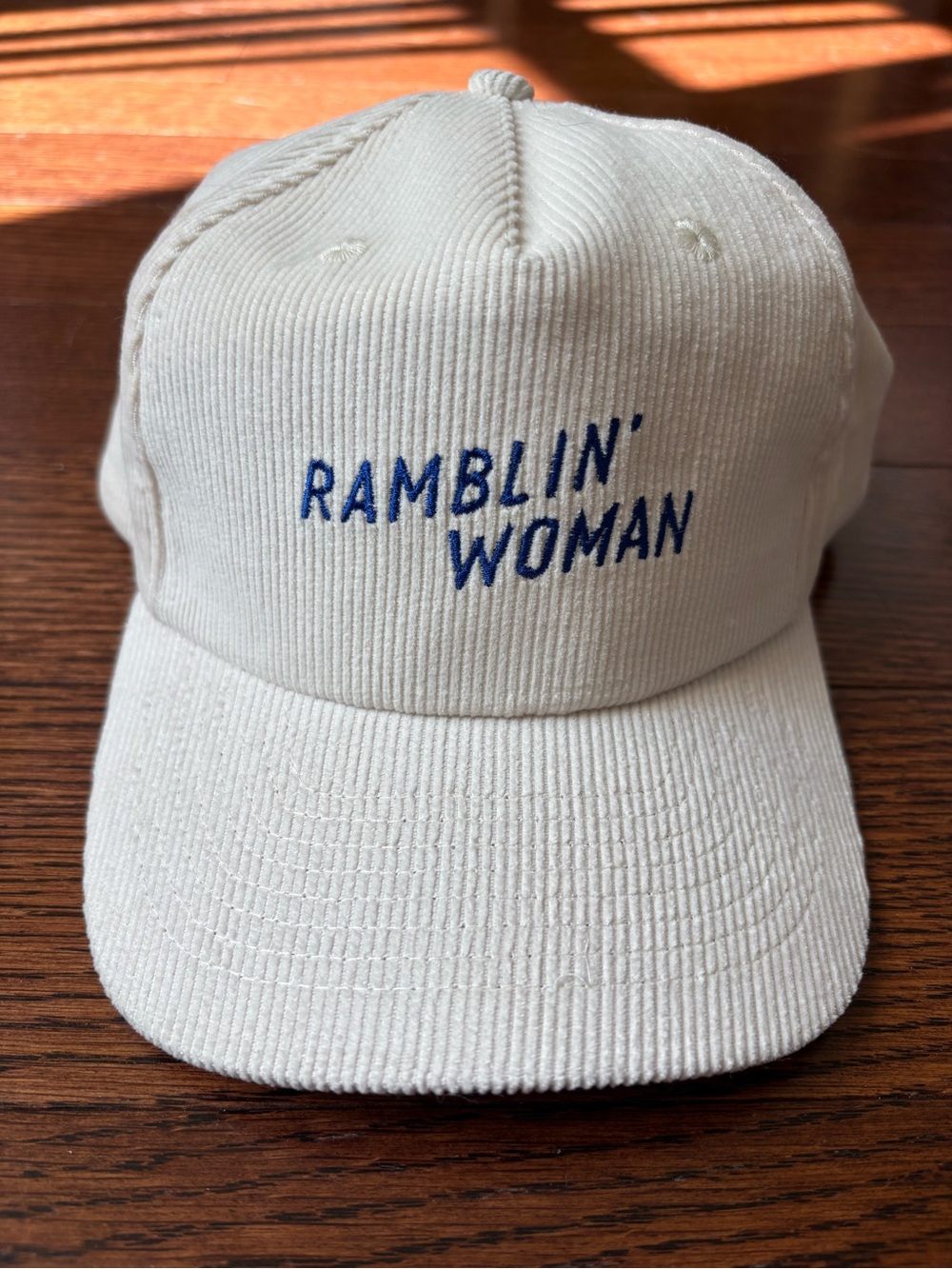 Seager White Corduroy Baseball Cap with Blue 'RAMBLIN' WOMAN' Embroidery